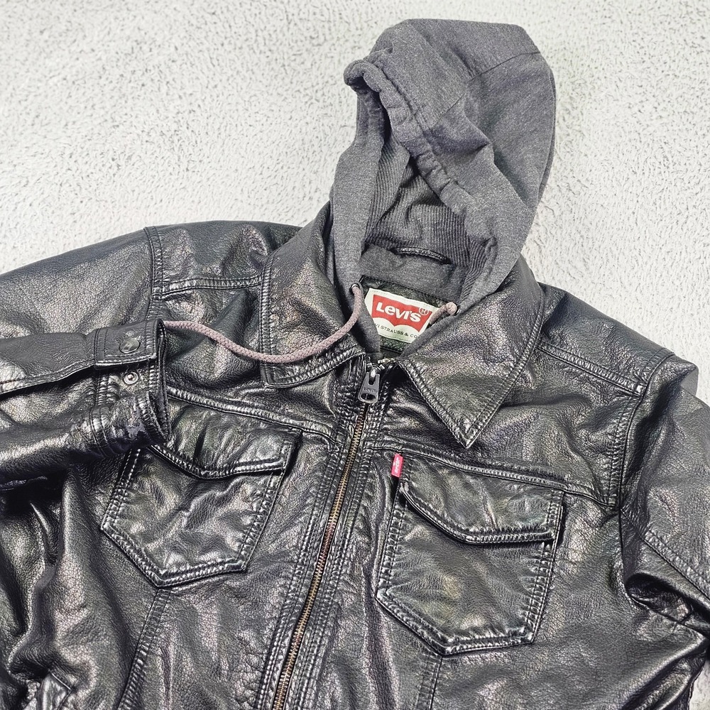 Levis Jacket Mens Large Black Hooded Faux‎ Leather Biker Full Zip Insulated